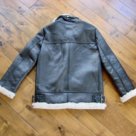 Zara Black Faux Leather Shearling Jacket Aviator Biker Moto Bomber Size Small - Picture 12 of 15